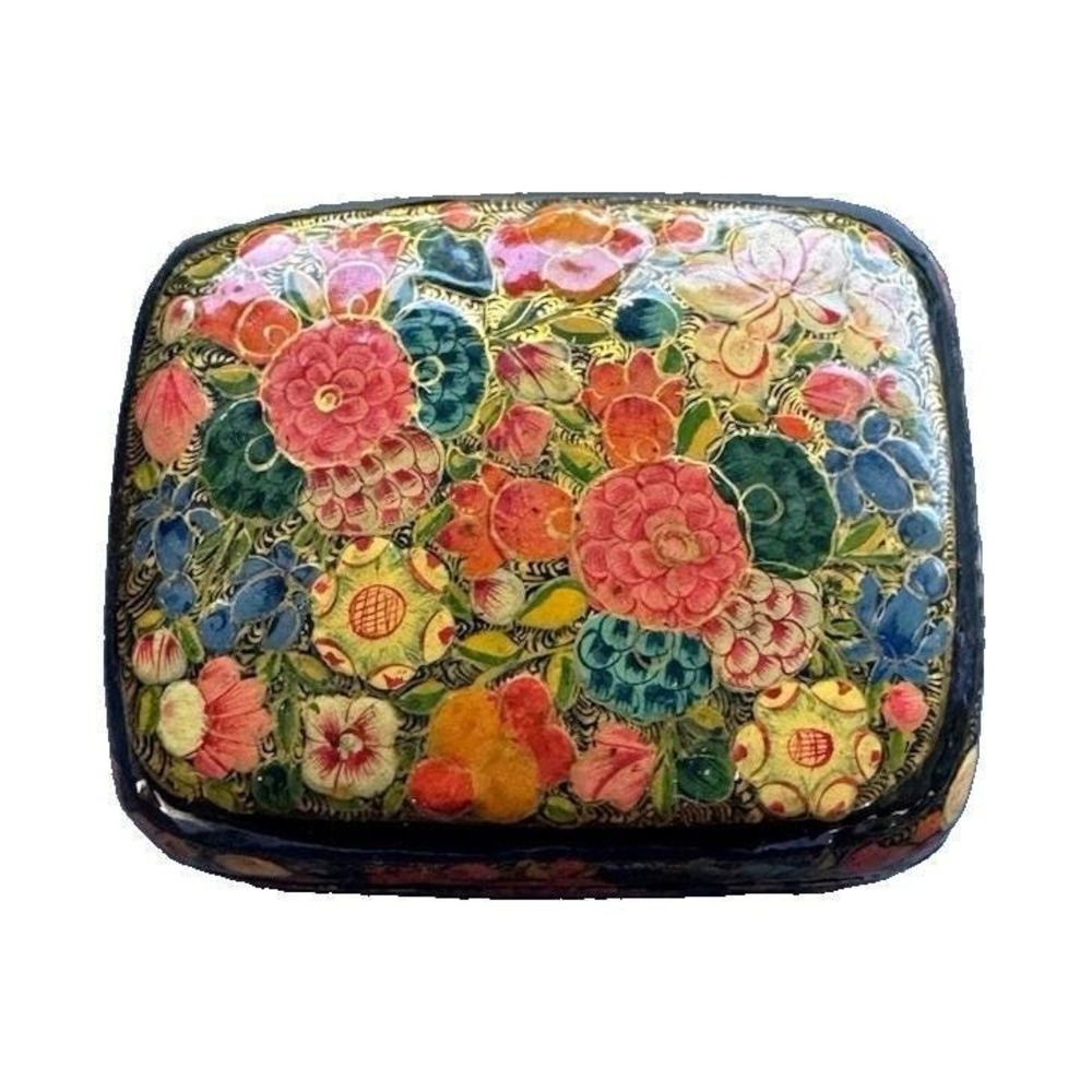 Vintage Floral Wooden Trinket Box With Lid Hand Painted Multicolor Black